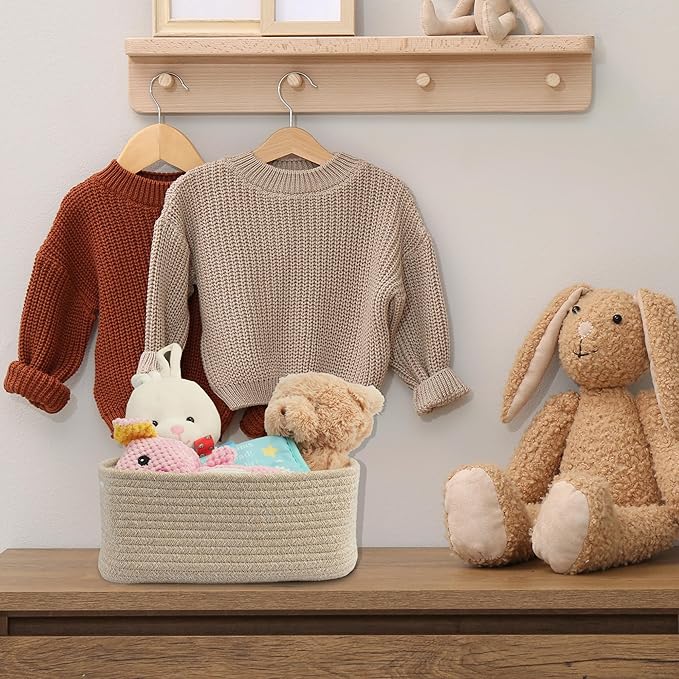 Small Woven Storage Baskets 12“X8”X5“ Decorative Rope Bins for Organizing Shelves, Closets, and Toys, Empty Gift Baskets, Cute Organizer Basket for Home and Office (oatmeal, regular)