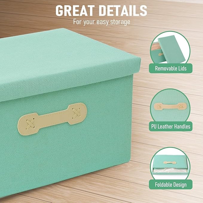 Enzk&Unity Decorative Storage Bins with Lids, Fabric Linen Foldable Storage Box with Handle Home Organizer for Shelf, Closet, Bedroom, Living Room, Office, 3 Packs, Teal