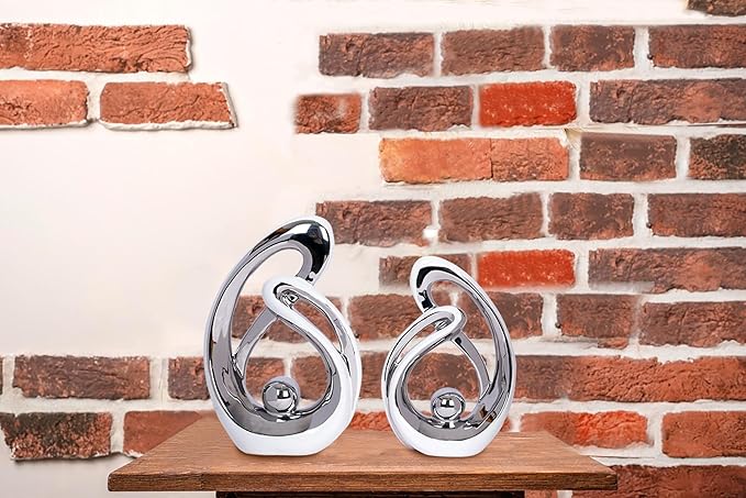 2 Pcs White and Silver Living Room Decor Table Sculpture Decorations Ceramic Statue Decor Mid Century Modern Decor Centerpieces for Dining Room Kitchen Fireplace Shelf Office Coffee Table Decor