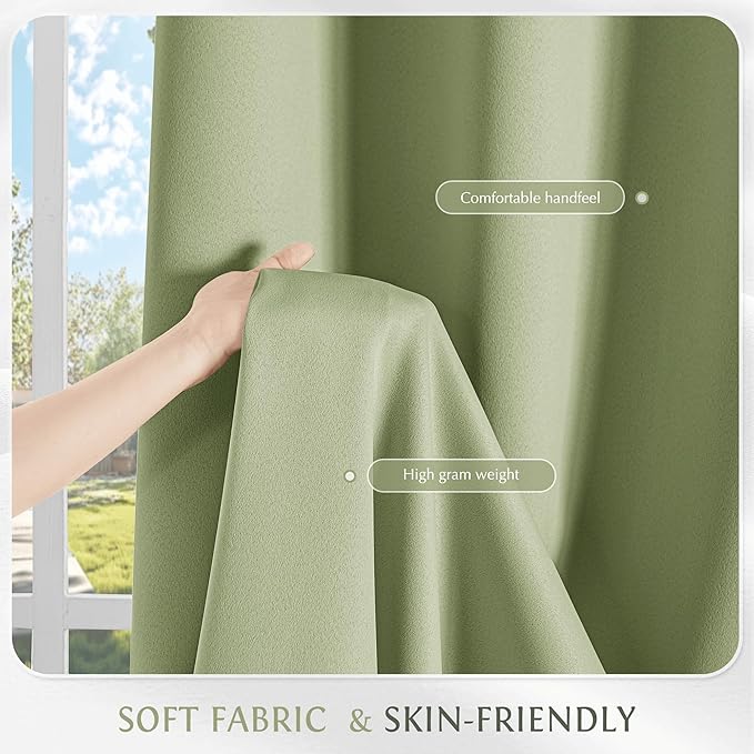 Beauoop Sage Green 100% Blackout Curtains 54 Inch Long 2 Panels for Bedroom Living Room Solid Room Darkening Thermal Insulated Soundproof Energy Saving Grommet Top Window Treatment Drapes,52x54 2 Set