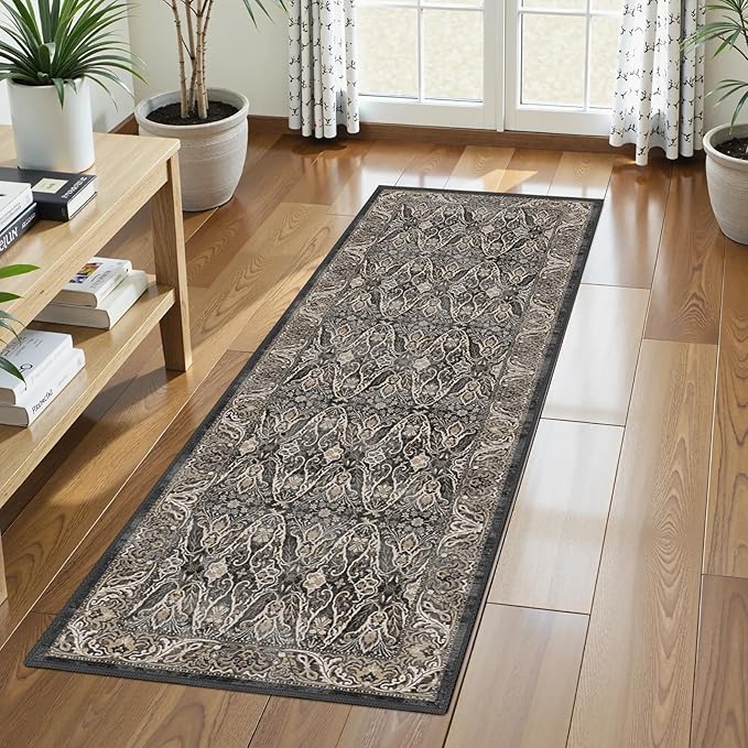 Washable Area Rug 2'6'' x 8' Vintage Traditional Persian Mat - Foldable Distressed Non-Slip Machine Washable Carpet for Living Room Bedroom Kitchen Home Decor - Ebony and Taupe