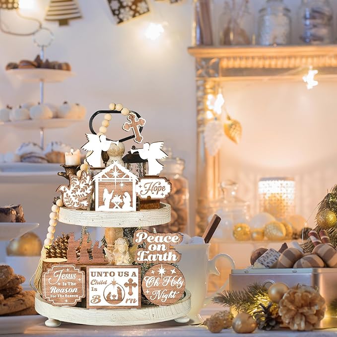 17 Pcs Christmas Tiered Tray Decor Set Winter Tiered Tray Decorations Farmhouse Tabletop Centerpiece Christmas Wooden 3D Sign for Xmas Home Buffalo Plaid Rustic Table Decoration(Rustic)