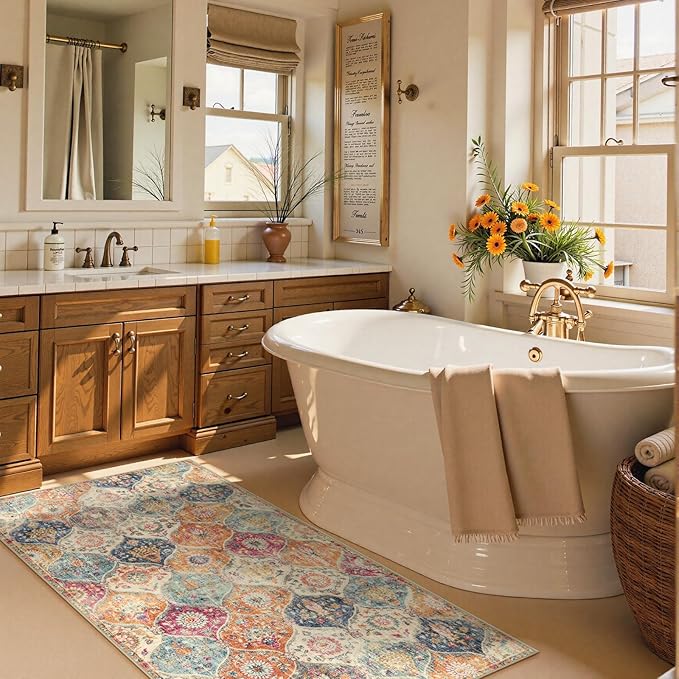 Lahome Moroccan Trellis Hallway Rug, 2x5 Washable Runner Rug Non Slip Kitchen Runners for Hallways, Ultra-Thin Vintage Carpet for Bedroom Bathroom Entryway, Cream/Multi