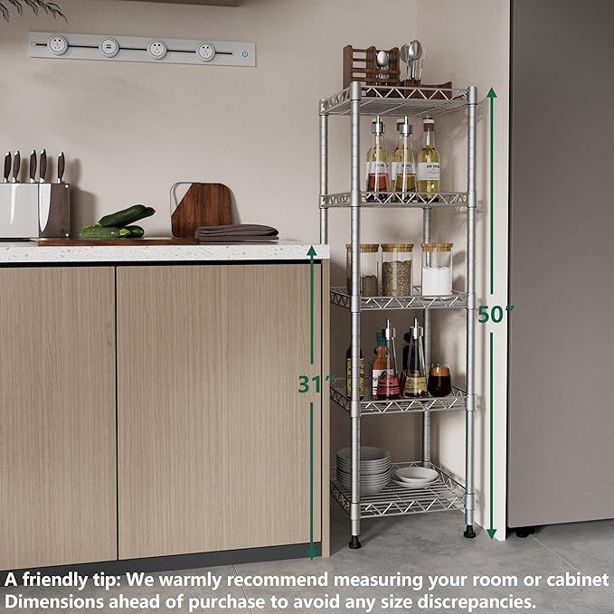 GIOTORENT 5 Tier Standing Shelving Metal Units, Adjustable Height Wire Shelf Display Rack for Laundry Bathroom Kitchen 11.8 W x 11.8 D x 50 H (5-Tier, Grey, Matte/Glossy Finish)