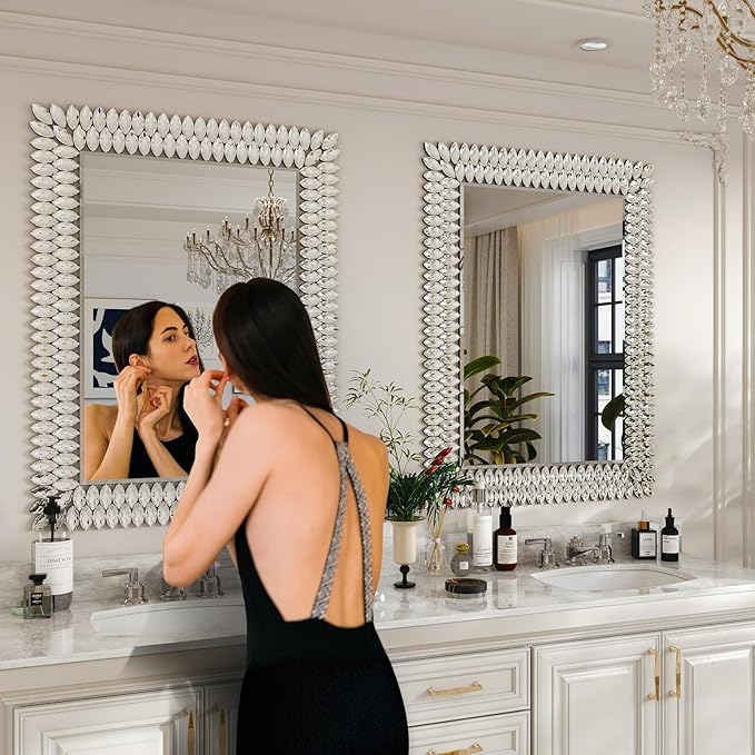 Kelly Miller 30"x40" Jeweled Bathroom Wall Mirror, Large Rectangle Mirror Decorative Mirror Luxury Vanity Mirror with Diamonds for Master Bath Half Bath Living Room Bedroom Fireplace Mantle Entryway