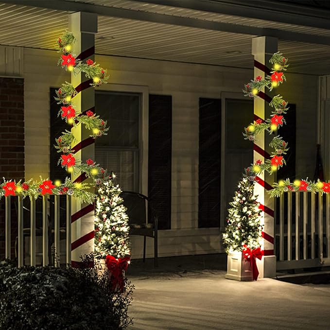 DR.DUDU 6 FT Pre-lit Artificial Christmas Garland with 20 LED Lights, Battery Powered with Pine Cones, Red Berries, Pine Needles, Lighted Christmas Wreath for Holiday Party, Xmas Tree Decorations