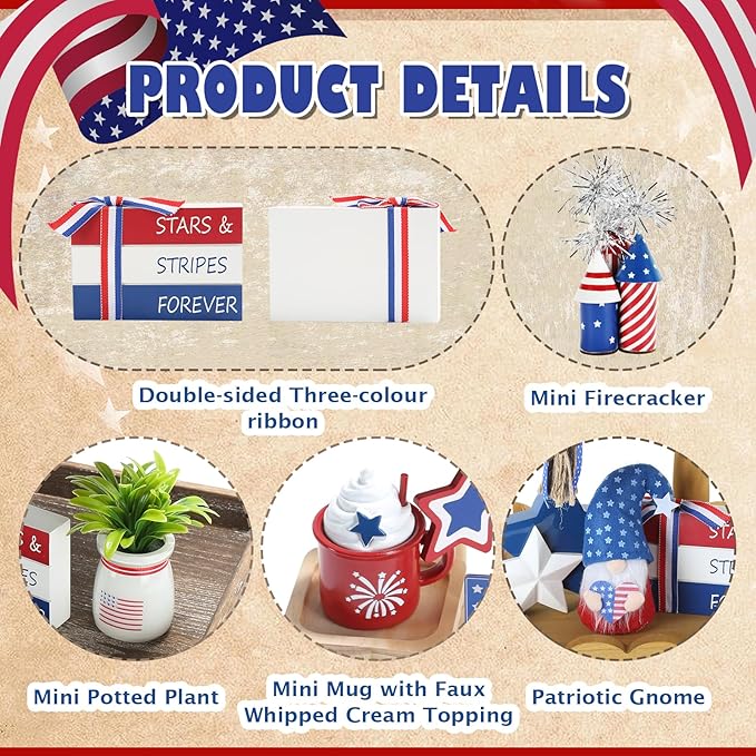 4th of July Decorations, Memorial Day Decorations, Independence Day Patriotic Tiered Tray Decor Set, 8 Pieces Fourth of July Centerpieces for Home Office Table Shelf, Red White and Blue Decorations