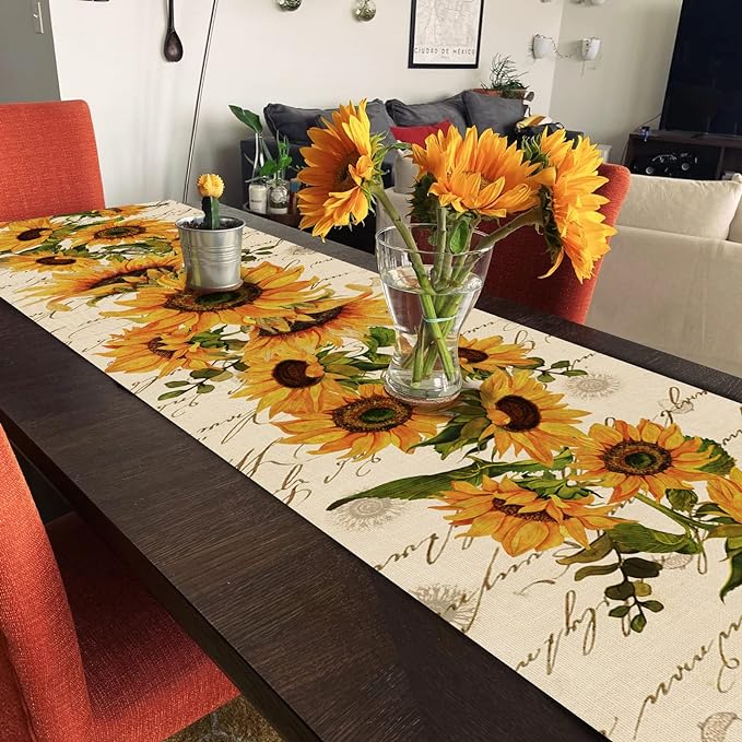 Seliem Fall Sunflowers Table Runner, Vintage Spring Summer Flower Home Kitchen Dining Decor, Seasonal Farmhouse Floral Decorations Indoor Outdoor Party Supply 13 x 36 Inch