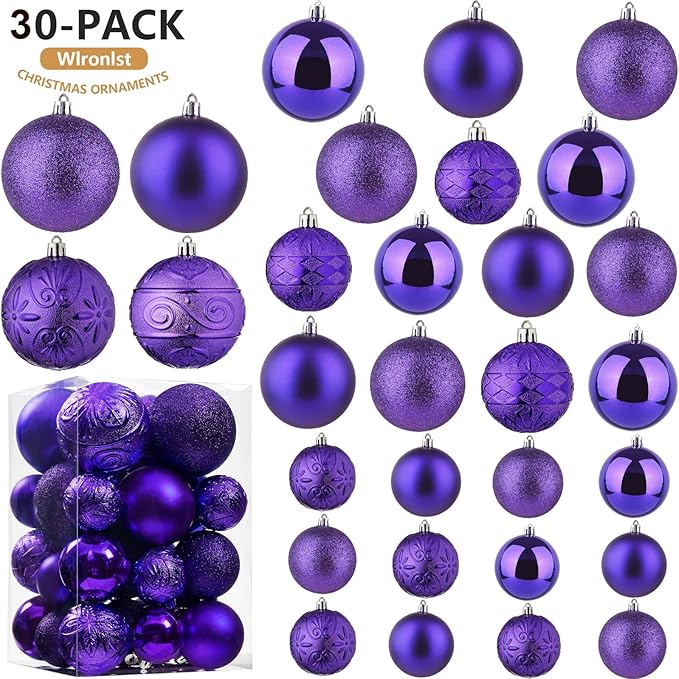 Wironlst Christmas Ball Ornaments - 30pcs Shatterproof Plastic Christmas Ornaments Hanging Ball Decorations for Xmas Tree, Holiday, Wedding, Party (Multi-Size, Purple)