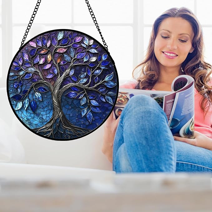 Stained Glass Window Hanging, Blue Purple Tree of Life Sun Catchers Colorful Glass Panel Plants Suncatcher Decor for Birthday for Women,Men,Wife, Lovers, and Mom 14.9x14.9 in