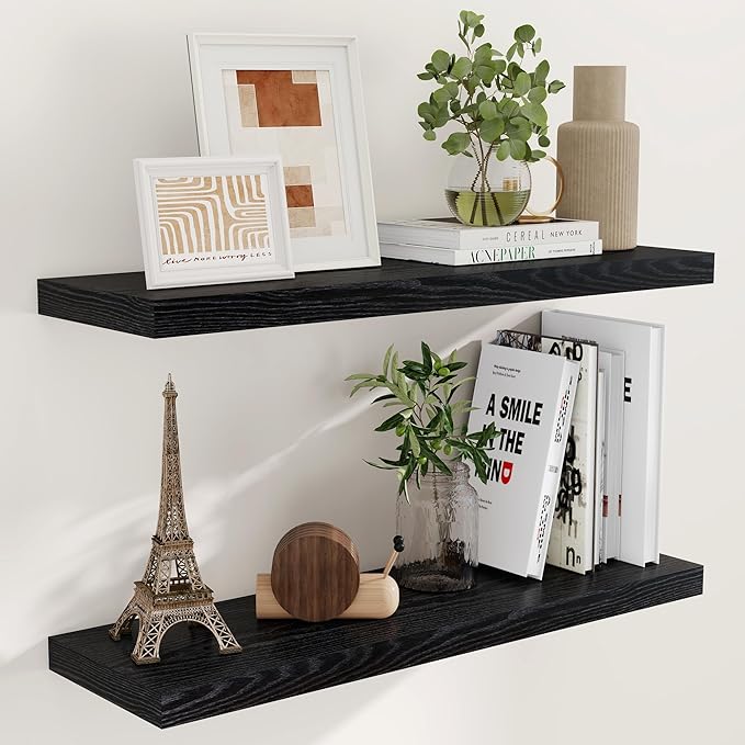 Fun Memories 36 Inch Floating Shelves Black, 9.3 Deep Floating Shelf for Wall, Rustic Black Wall Shelves 36x9.3x1.5 - Set of 2, Large Deep Shelf for Kitchen, Living Room Storage
