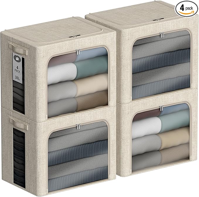 4 Pack Clothes Storage Bins with Metal Frame - 36L Stackable Storage Box with Lid，Foldable Storage Container Organizer for Clothes，Linen Fabric Storage Box with Clear Window＆Zippers＆Handles