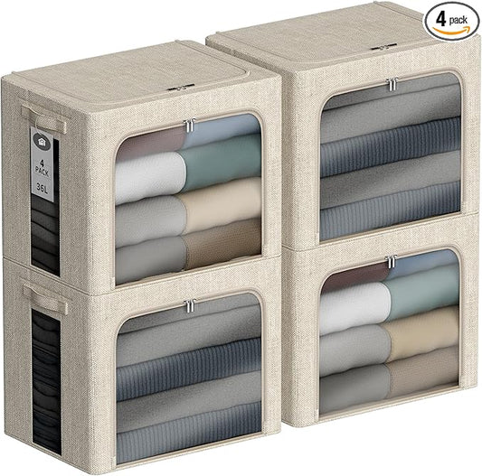 4 Pack Clothes Storage Bins with Metal Frame - 36L Stackable Storage Box with Lid，Foldable Storage Container Organizer for Clothes，Linen Fabric Storage Box with Clear Window＆Zippers＆Handles