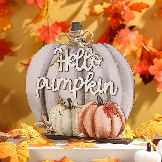 Soaoo Fall Decoration Wooden Fall Hello Pumpkin Sign Autumn Pumpkin Table Decor 11 Inch Wooden Autumn Desktop Ornament for Farmhouse Home Living Room Harvest Day Thanksgiving Decor(Grey,Cute)
