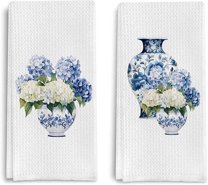 Blue and White Porcelain Chinoiserie Kitchen Towels Set of 2, Hydrangea Floral Dish Towels Tea Towels for Kitchen, Chinoiserie Decor Hand Towels for Bathroom, Grand Millenial Decor 16x24 Inch