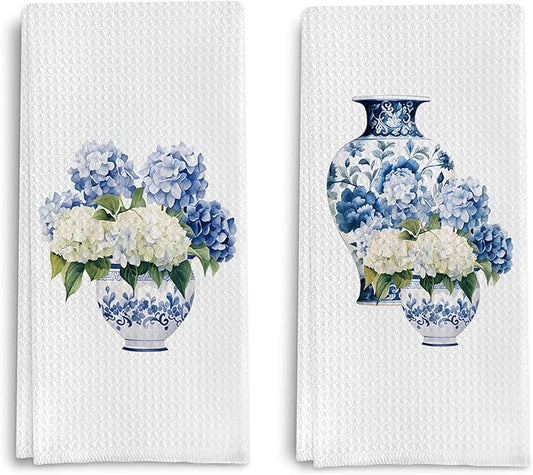 Blue and White Porcelain Chinoiserie Kitchen Towels Set of 2, Hydrangea Floral Dish Towels Tea Towels for Kitchen, Chinoiserie Decor Hand Towels for Bathroom, Grand Millenial Decor 16x24 Inch