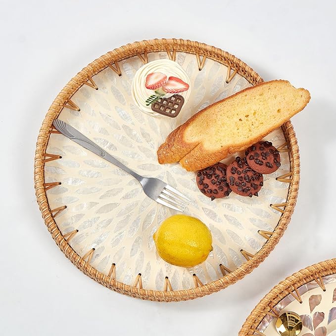 Round Rattan Tray with Mother of Pearl Inlay, Rattan Serving Tray with Wooden Base, Decorative Wicker Basket for Table Decor, Storage and Display of Coffee Bread Food Fruit (Leaf 2)