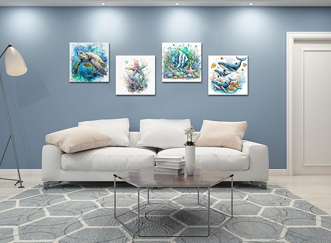 dgbtcart Ocean Bathroom Wall Art Watercolor Sea Turtle Starfish Whale Canvas Pictures Beach Coastal Prints Painting Marine Life Artwork for Living Room Bedroom Decorations 12"x12"x4pcs