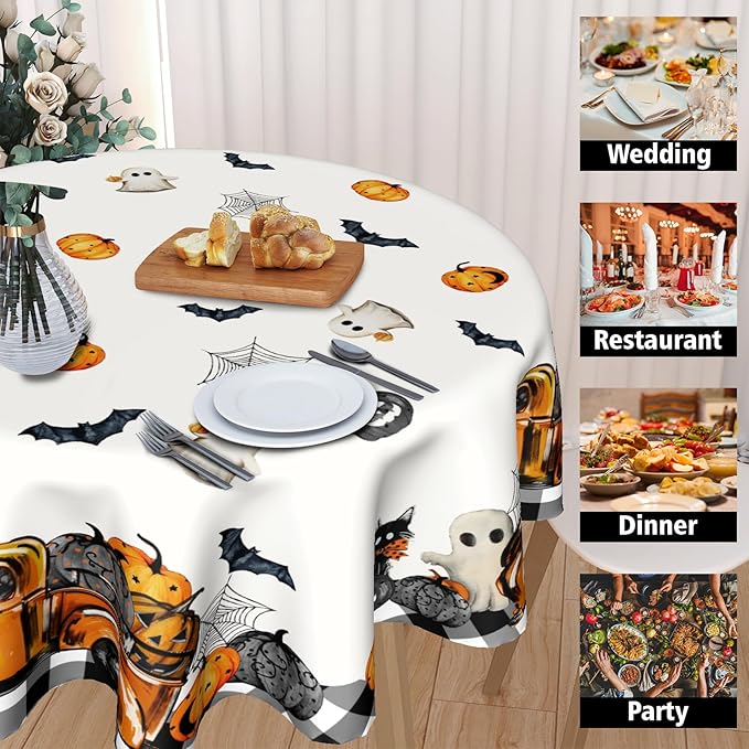 Kawani Halloween Tablecloths - Round Spooky Tablecloths with Pumpkins & Ghosts, 60 Inch, Perfect for Kitchen & Dining Room Dinner Parties