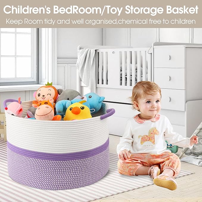 Laundry Basket,20''x13''Large Woven Cotton Rope Storage Basket,Nursery Laundry Hamper,Blanket Basket for Living Room;Kids hamper,Multi-Purpose Organizer for Laundry,Toys(White and Purple)