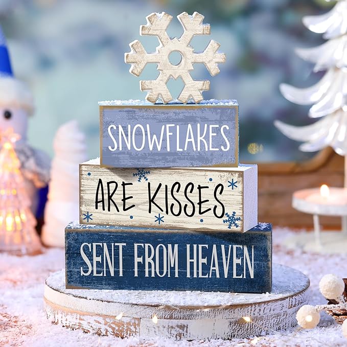 4 Pcs Christmas Table Decorations Wooden Snowflake Decor Winter Tiered Tray Decor Rustic Snow Block Signs Gift Farmhouse Christmas Centerpiece for Winter Wonderland Party Kitchen Home