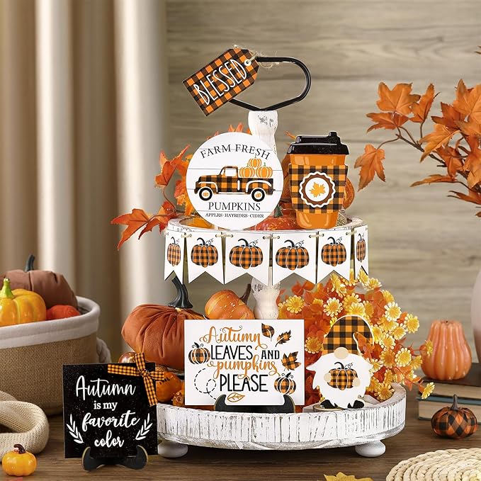 Maitys 13 Pcs Fall Tiered Tray Decor Set Thanksgiving Pumpkin Gnome Rustic Farmhouse Decoration Autumn Decor Autumn Harvest Decorative Trays Wooden Tabletop Signs for Home Kitchen(Orange Plaid Style)