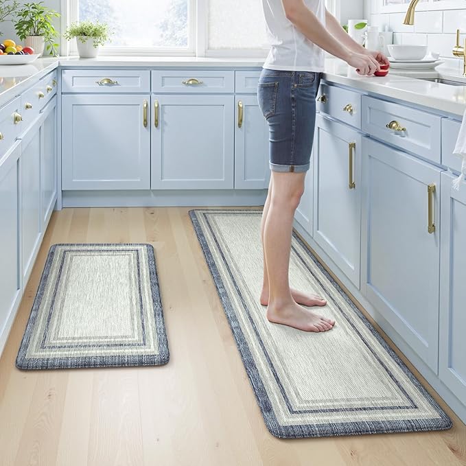 KIMODE Anti Fatigue Kitchen Mats for Floor 2 Piece, Farmhouse Kitchen Rugs Non Slip, Padded Kitchen Floor Mats Non Slip, Cushioned Standing Mats for Sink Laundry Desk Blue Grey 20"x59"+20"x32"
