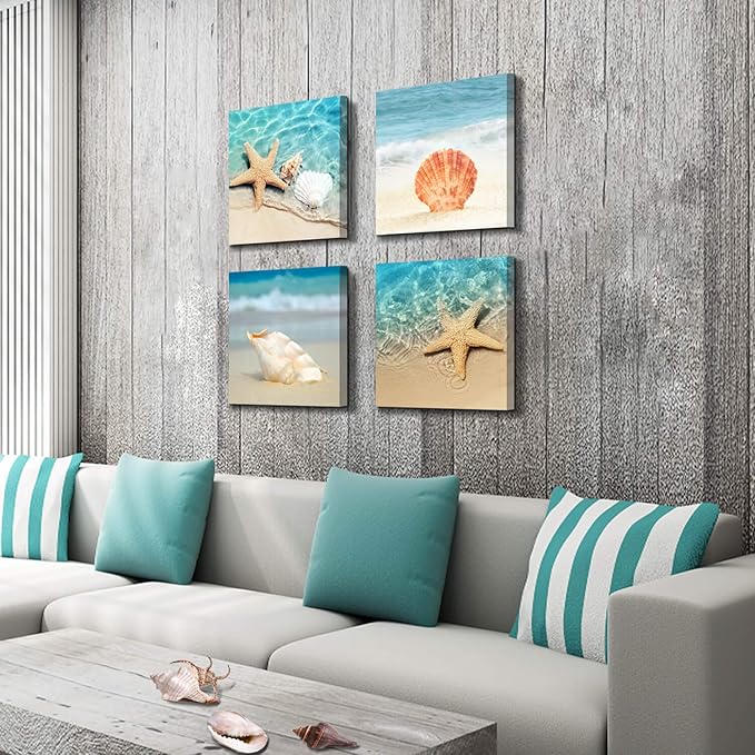 Hardy Gallery Beach Seashell Starfish Wall Art: Blue Ocean Beauties Artwork Print on Wrapped Canvas for Living Room (12''x12''x4pcs)