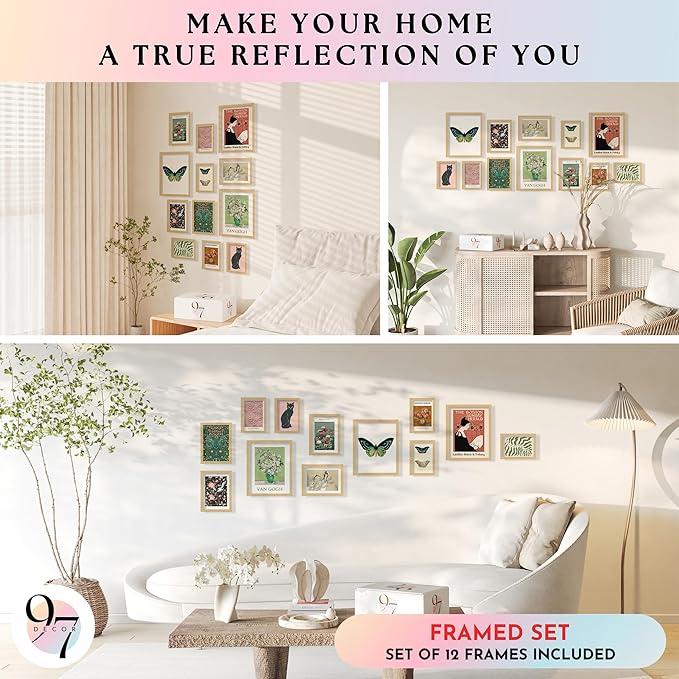97 Decor Eclectic Wall Art FRAMED - Vintage Boho Wall Decor, Trendy Boho Prints For Wall, Framed Gallery Wall Art Set Dorm Posters For Room Aesthetic Pictures, Maximalist Decorations For Home (BEIGE FRAME)