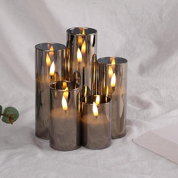 Eywamage 5 Pack Grey Glass Flameless Candles with Remote, Flickering Slim Tall LED Pillar Votive Candles Battery Included