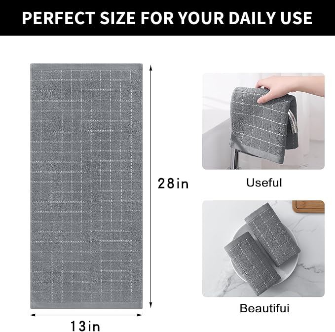 Homaxy 100% Cotton Terry Kitchen Towels(Grey, 13 x 28 inches), Checkered Designed, Soft and Super Absorbent Dish Towels, 4 Pack