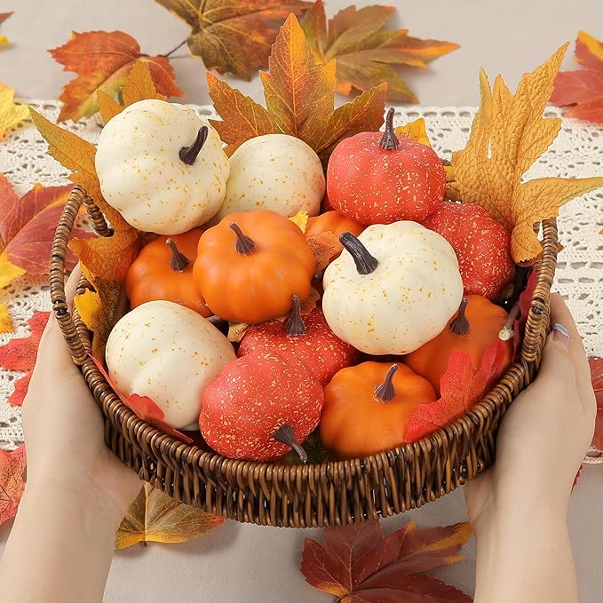 16PCS Realistic Mini Pumpkin Decor,Fall Decor with Pumpkins Maple Leaves, Artificial Pumpkin Decor for Autumn Filler, Realistic Pumpkin Decorations for Halloween Thanksgiving Fall Home Decor