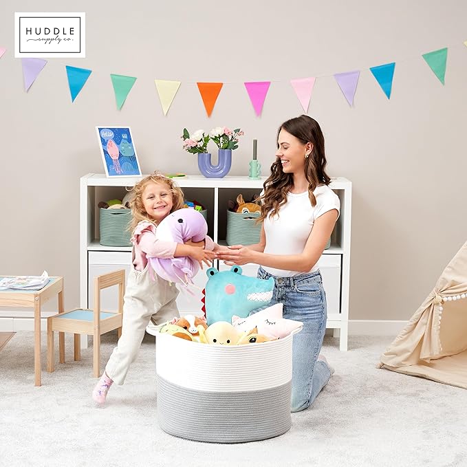 XXXL WASHABLE Large Blanket Basket 85L 2PCs Handmade Decorative Woven Baskets for Storage - Soft Durable XXX Large Cotton Rope Blanket Storage for Living Room, Toys, Organizer 22" x 14" (Grey/White)