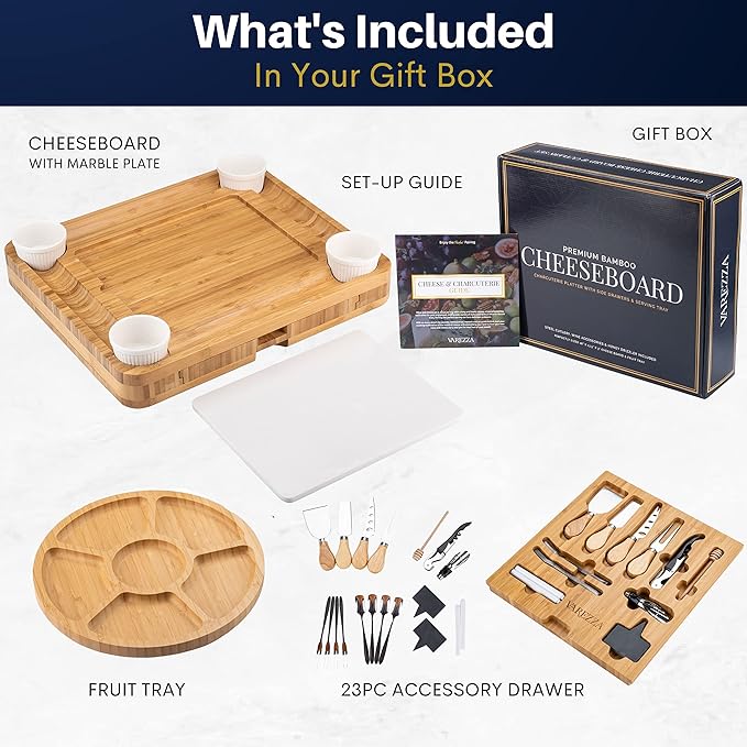Extra Large Charcuterie Boards Gift Set: Marble Bamboo Cheese Board Set- Unique for Mom, 23 Entertaining Accessories, Wedding Gifts for Couple, House Warming Gifts New Home