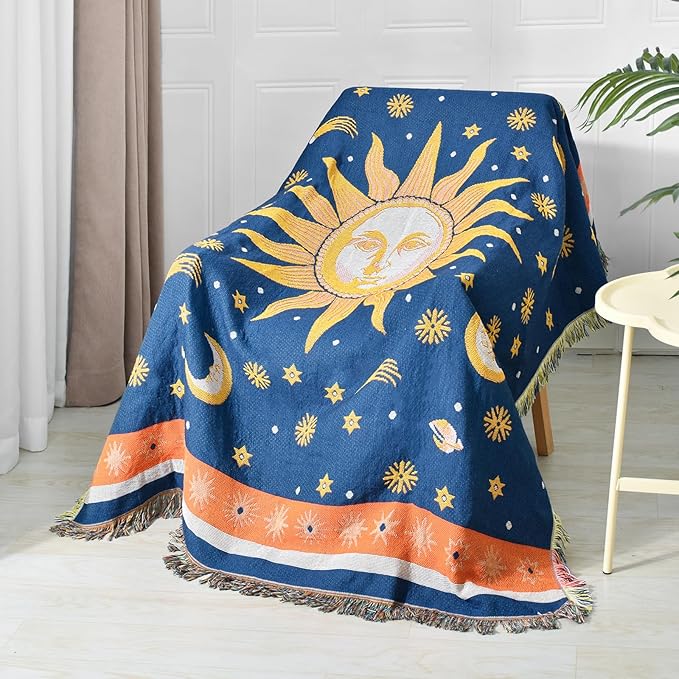 Boho Throw Blanket Reversible Cotton Bohemian Tapestry Hippie Room Decor Outdoor Blanket Double Sided (Boho Sun Blue 50"x60")