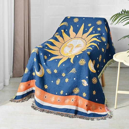 Boho Throw Blanket Reversible Cotton Bohemian Tapestry Hippie Room Decor Outdoor Blanket Double Sided (Boho Sun Blue 50"x60")