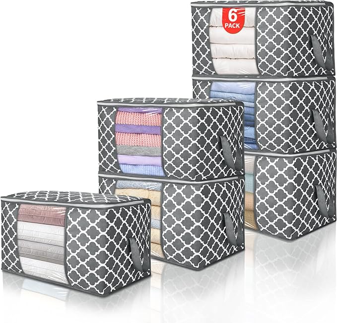 90 L Large Storage Bag Clothes Storage Organizer with Durable Handles for Closet Storage, Comforter, Blanket, Clothing, Bedding and Toys 6 Pack