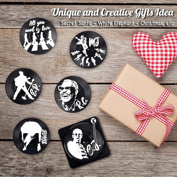 Valdivia Retro Vinyl Record Coasters with Player, 6 Pcs Music Coasters for Drinks, Bars, Cool Apartment Decor and Funny Housewarming Gifts New Home Presents for Music Lovers, Birthday Gifts for Men