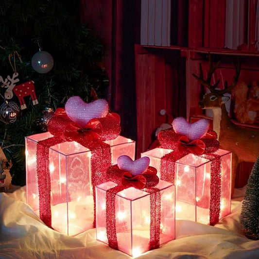 Pink Decorations Lighted Gift Boxes with Pink Cloth, Pre-lit Lights Gift Boxes Set of 3, Light up Present Boxes Set Battery Operated with Different Sizes for Holiday Indoor Decorations