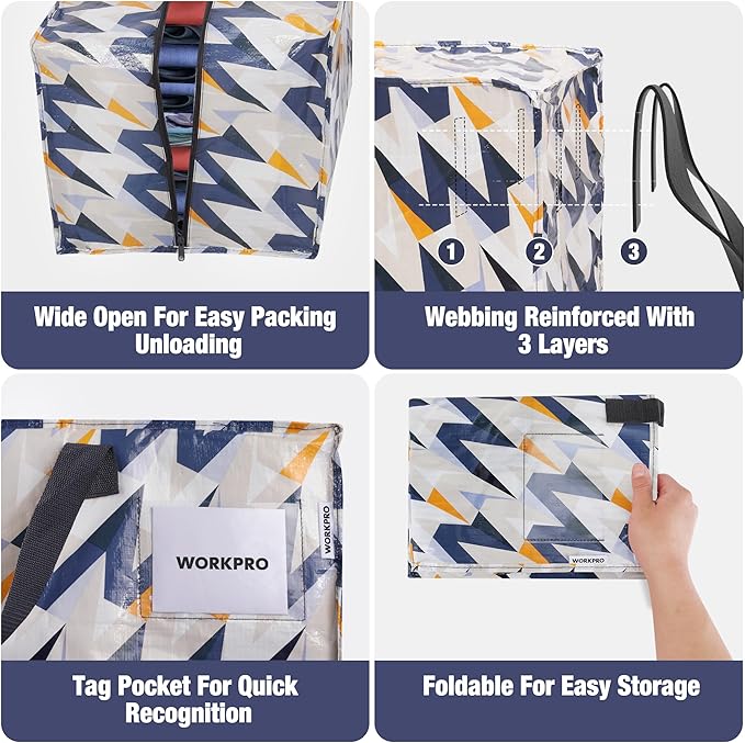 WORKPRO 6 Pack Extra Large Moving Bags with Zippers & Carrying Handles Backpack Straps, Heavy-Duty Storage Tote for Space Saving & Storage, Alternative to Moving Box (W - Alphabet Printing)