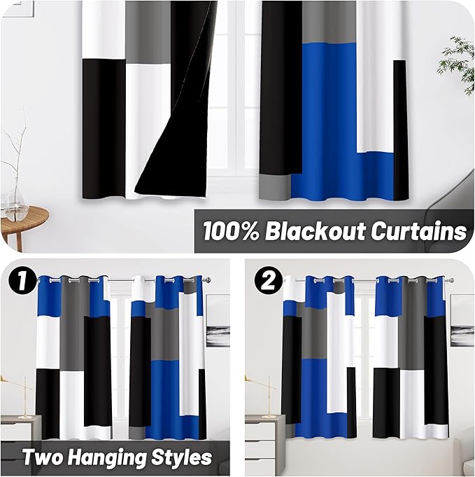 Blue Gray 100% Blackout Curtains 45 inch Length 2 Panels Set White Grey Modern Abstract Geometric Drapes for Kitchen Black Out Curtains Insulated Room Darkening Small Window Curtains, 52Wx45L