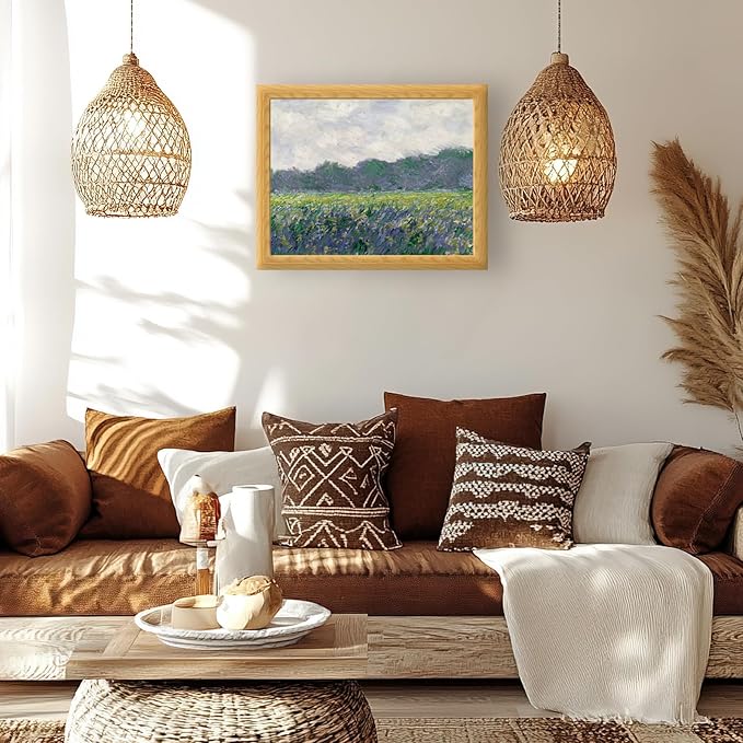 Brivoria Framed Canvas Wall Art Vintage Decor, Impressionist Landscape with Yellow Irises Purple Flowers and Bold Brushwork for Living Room Statement Wall or Botanical Gallery Display, 16"x20"