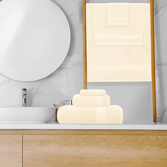 GLAMBURG Ultra Soft 8-Piece Towel Set - 100% Pure Ringspun Cotton, Contains 2 Oversized Bath Towels 27x54, Hand 16x28, 4 Wash Cloths 13x13 Ideal for Everyday use, Hotel & Spa Ivory Cream