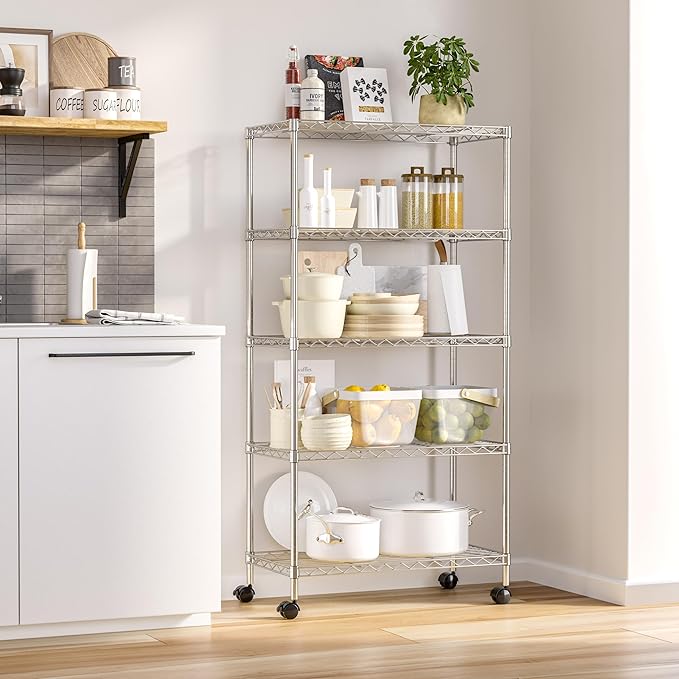 Seville Classics 5-Tier Wire Shelving with Wheels, 5-Tier, 30"" W x 14"" D (NEW MODEL), Chrome Plating, Plated Steel