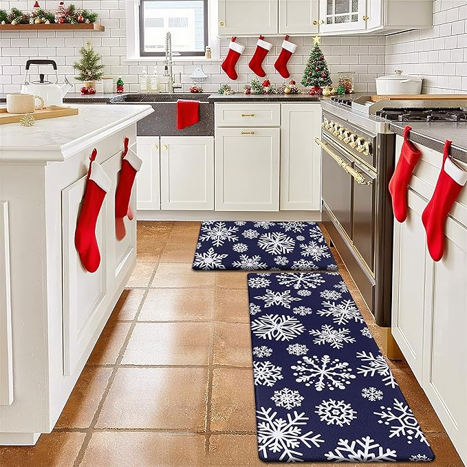 SHACOS Christmas Kitchen Rugs Set of 2 Anti-Fatigue Kitchen Mats Cushioned Blue Christmas Kitchen Rugs White Snow Farmhouse Kitchen Mats and Rugs for Xmas 17x27.5+17x47, Blue Snowflakes
