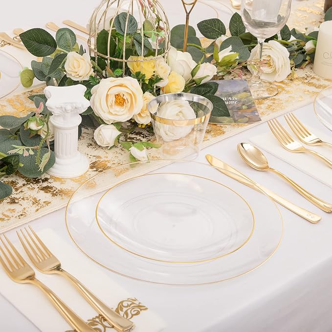 Nervure 100 Pieces Clear and Gold Plastic Plates - 10.25inch Gold Dinner Plate - Heavyweight Clear Disposable Plates Ideal for Party & Wedding & Thanksgiving