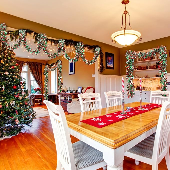 Dingion 59 Feet Christmas Tinsel Garland Metallic Twist Ornaments Hanging Glitter Xmas Garland for Christmas Tree Indoor Outdoor Decoration Party Supplies(Silver, Red, Green)