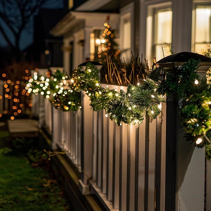 TW SHINE 30 FT Pre-Lit Christmas Garland Decorations, 100 LED Lighted Artificial Pine Garlands with 8 Modes, Green Garland for Indoor Outdoor Door Home Stairs Holiday Decor, Warm White