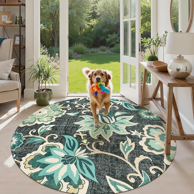 Lahome Floral 4Ft Round Rug - Washable Soft Boho Circle Rug for bedroom Non-Slip Throw Area Rug Round Kitchen Rugs, Blue Paisley Print Floor Round Rugs for Office Bathroom Entryway Nursery Living Room