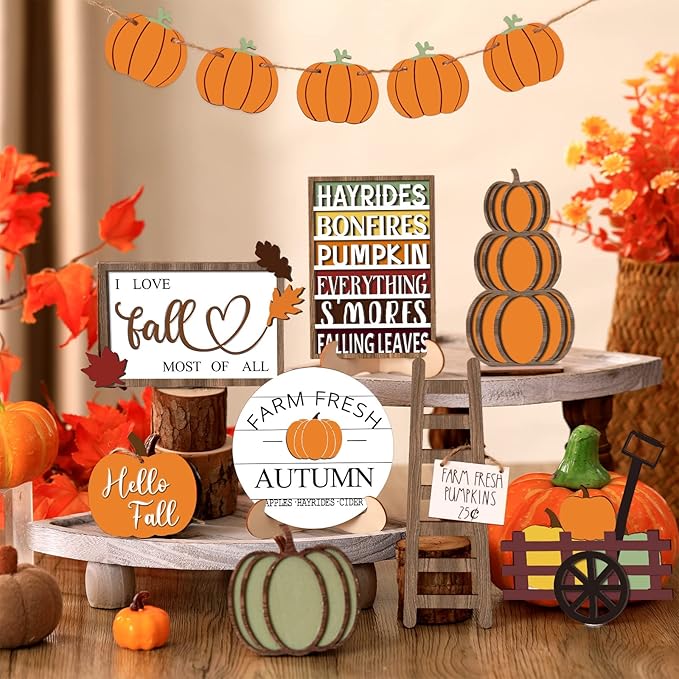 Sumind 15 Pcs Fall Tiered Tray Decor Set Fall Decorations for Home Autumn Wood Signs Thanksgiving Orange Brown Table Signs Farmhouse Wooden Maple Pumpkin Gnomes Tabletop for Festival(Harvest)